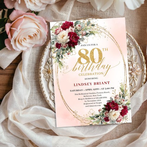 Boho Burgundy Blush Floral 80th Birthday Invite