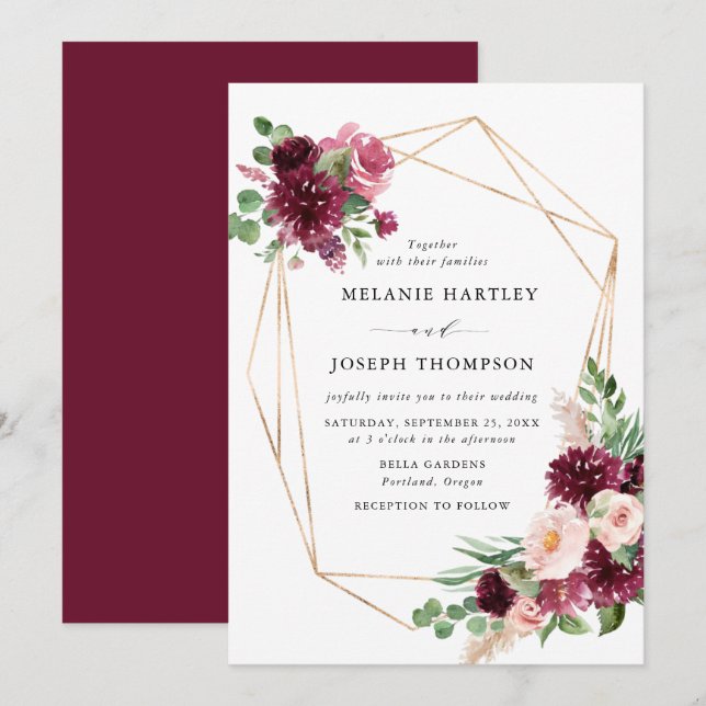 Boho Burgundy & Blush Floral Gold Frame Wedding Invitation (Front/Back)