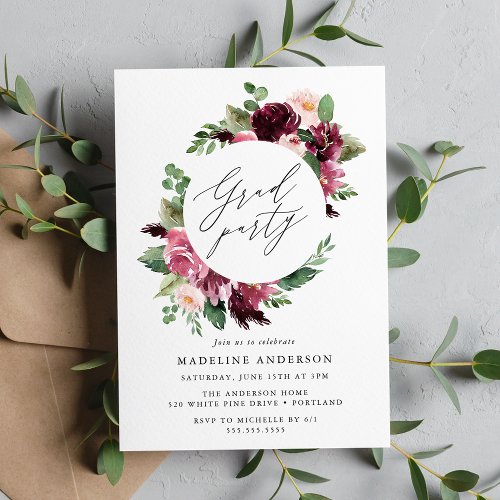 Boho Burgundy  Blush Floral Graduation Party Invitation