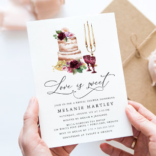 Boho Burgundy & Blush Floral Love is Sweet Bridal Invitation