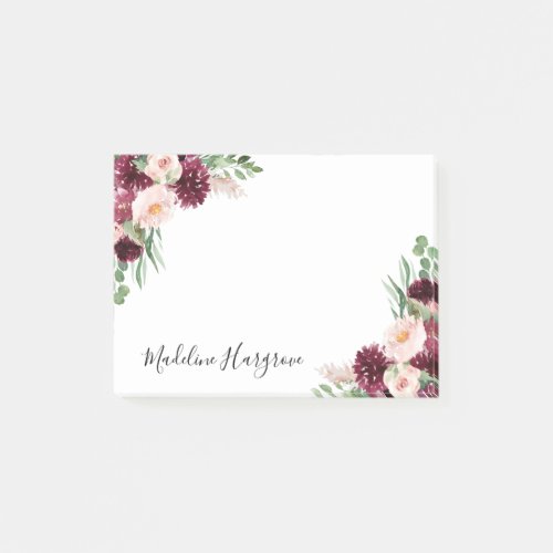 Boho Burgundy  Blush Floral Personalized Post_it Notes