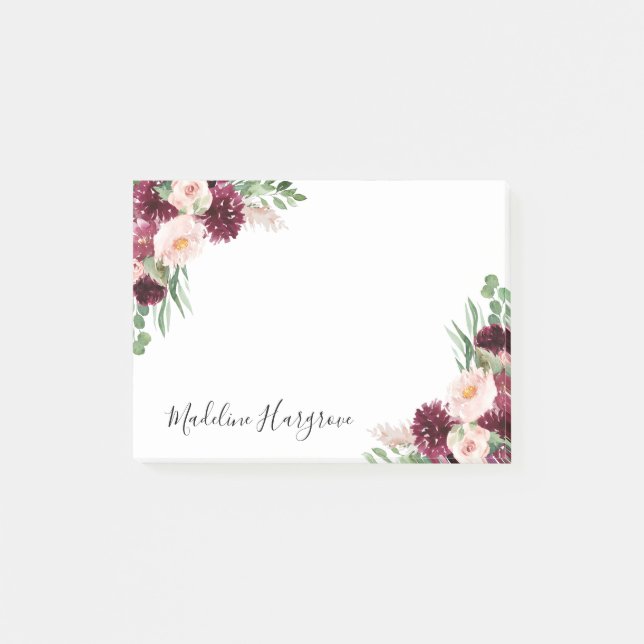 Boho Burgundy & Blush Floral Personalized Post-it Notes (Front)