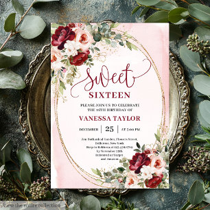 Boho Burgundy Blush Floral Sweet Sixteen Party Invitation