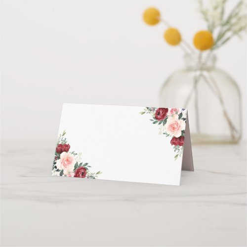 Boho Burgundy Blush Floral Wedding Folded Place Card