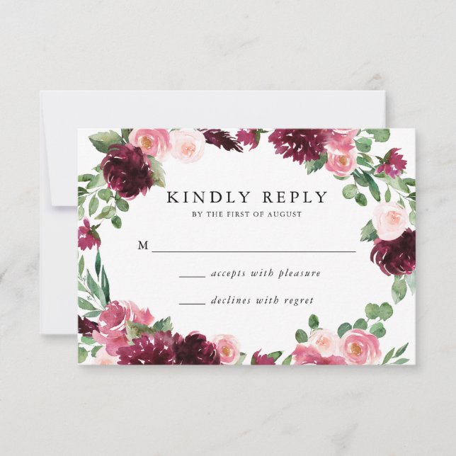 Boho Burgundy & Blush Floral Wedding RSVP Card (Front)