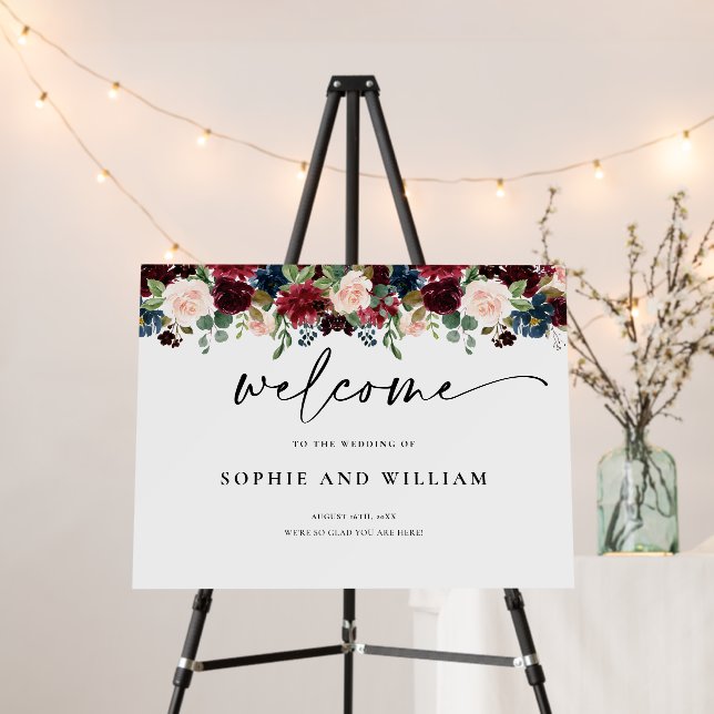 Boho Burgundy Blush Flower Wedding Welcome Sign  (In Situ (Stand))