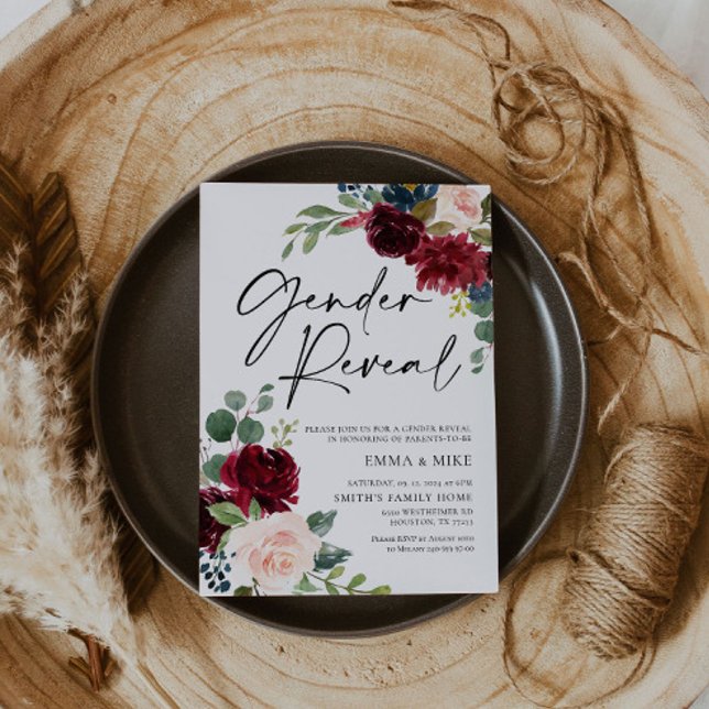 Boho Burgundy Blush Gender Reveal Invitation (Creator Uploaded)