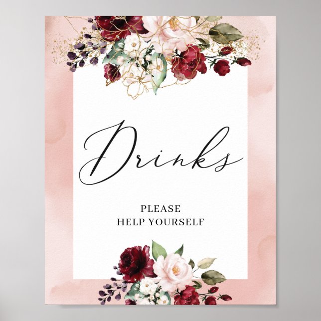 Boho burgundy blush pink floral gold drinks sign (Front)