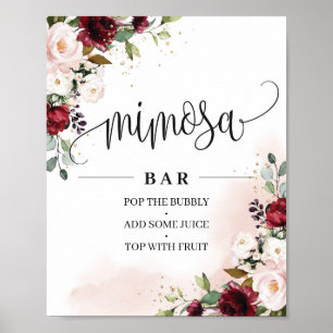 Boho burgundy blush pink floral mimosa bar sign