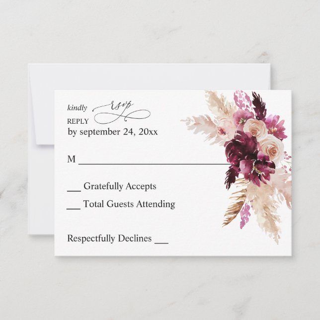 Boho Burgundy & Blush Pink Floral no Meal RSVP Card (Front)