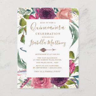 Boho Burgundy Blush Pink Floral Quinceañera Postcard