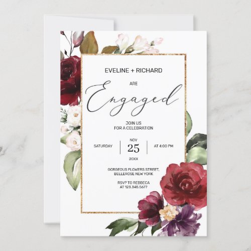 Boho burgundy blush pink floral red merlot engage invitation