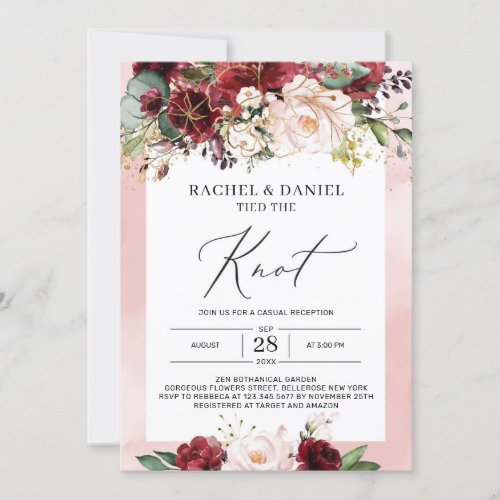 Boho burgundy blush pink floral tied the knot invitation