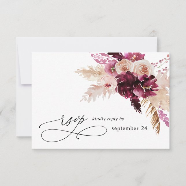 Boho Burgundy & Blush Pink Floral w Meal RSVP (Front)