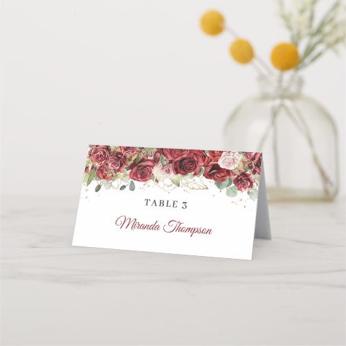 Boho burgundy  blush roses eucalyptus place card