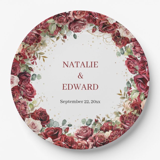 Boho burgundy blush roses eucalyptus Wedding  Paper Plates (Front)