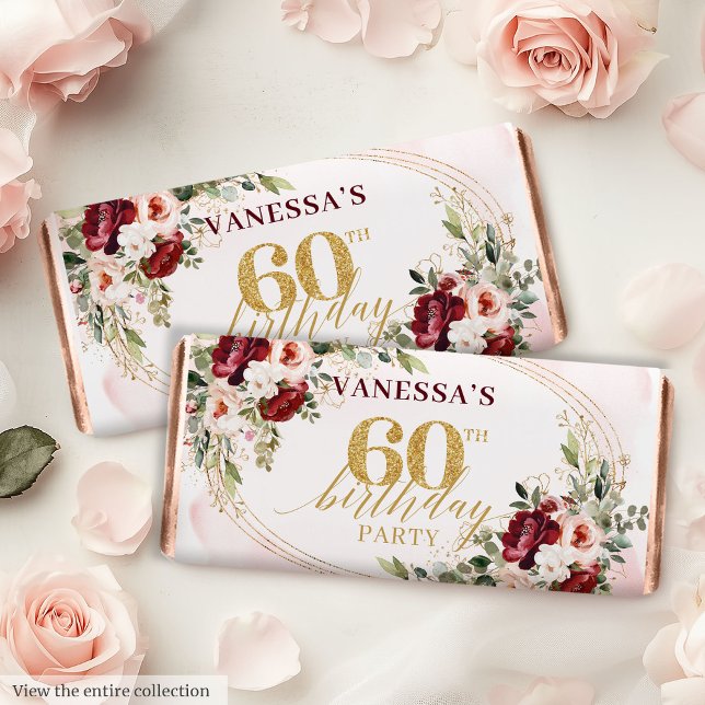 Boho Burgundy Blush Roses Gold 60th Candy Party  Hershey's Miniatures (Boho Burgundy Blush Roses Gold 60th Candy Party Favor)