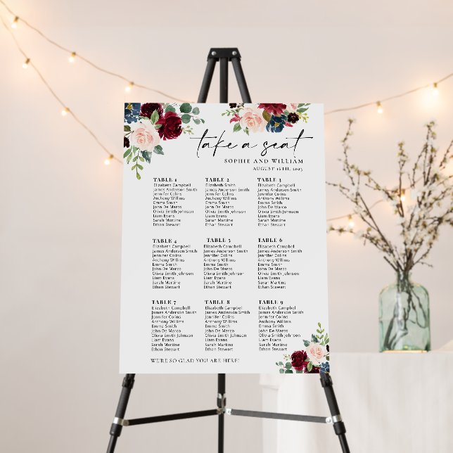 Boho Burgundy Blush Seating Chart Foam Board (In Situ (Stand))