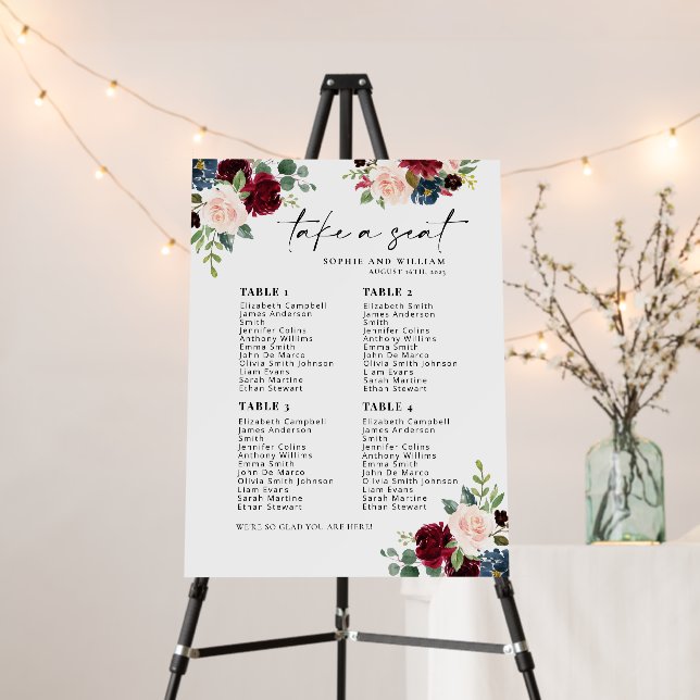 Boho Burgundy Blush Seating Chart Foam Board (In Situ (Stand))