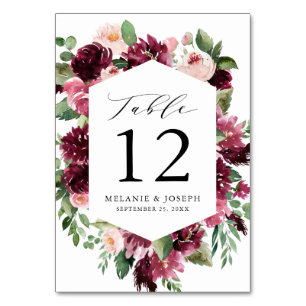 Boho Burgundy & Blush Watercolor Floral Wedding Table Number