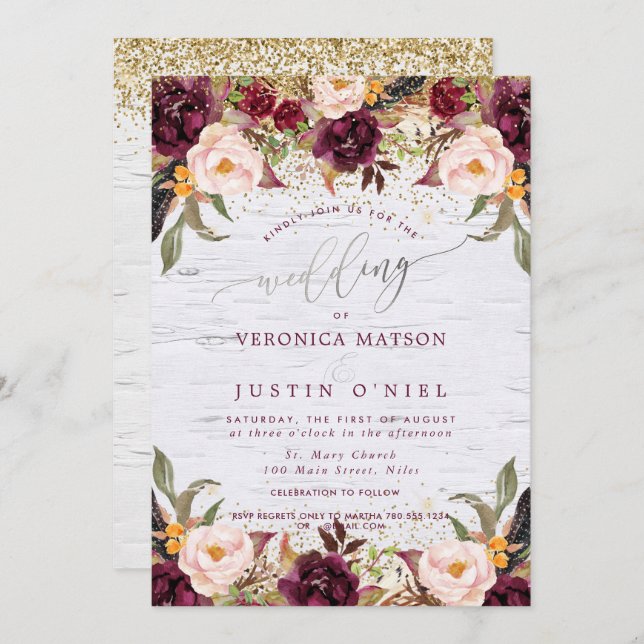 Boho Burgundy+Blush Watercolor Flowers Invitation (Front/Back)