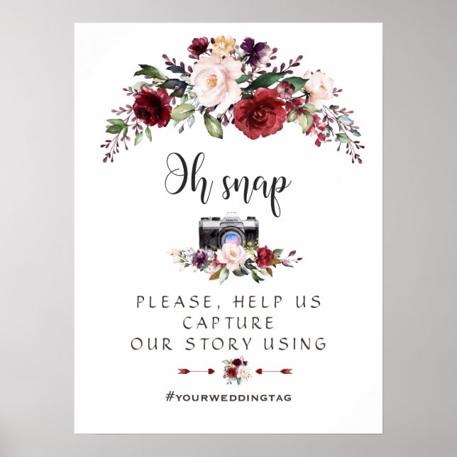 Boho Burgundy Blush Wedding Oh Snap Instagram Sign (Front)