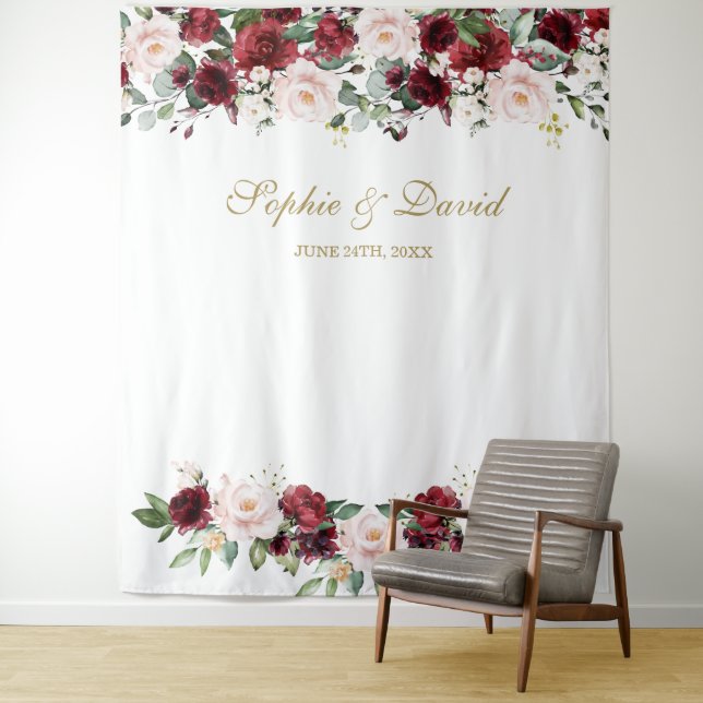 Boho Burgundy Blush Wedding Photo Booth Backdrop (In Situ)