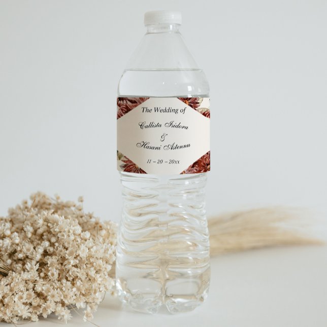 Boho Burgundy Dahlias | Linen Wedding Water Bottle Label (Creator Uploaded)