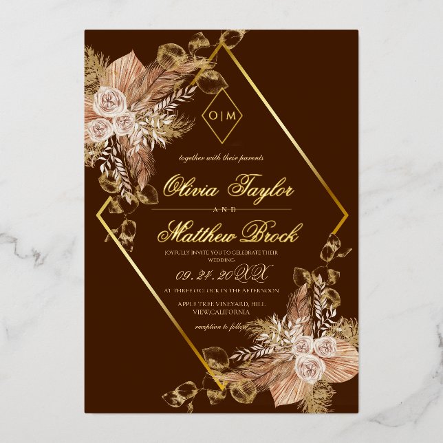 Boho Burgundy Diamond Gold Wedding Foil  Foil Invitation (Front)
