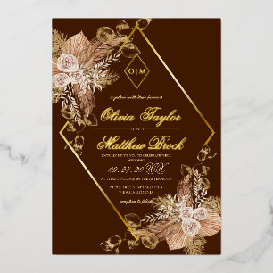 Boho Burgundy Diamond Gold Wedding Foil Invitation
