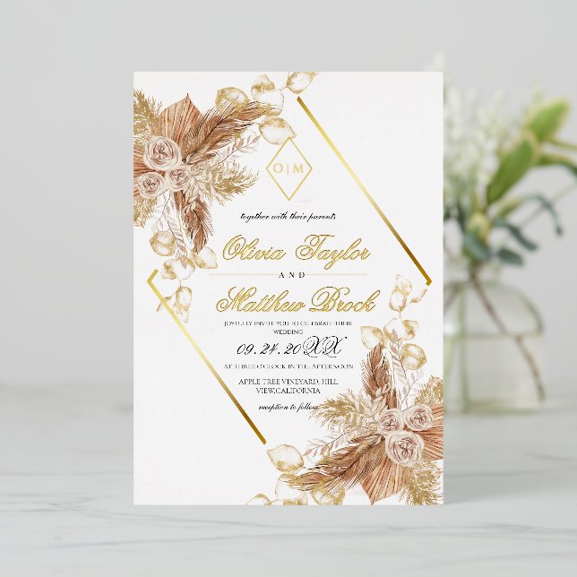 Boho Burgundy Diamond Gold White Wedding Foil  Foil Invitation (Standing Front)