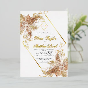 Boho Burgundy Diamond Gold White Wedding Foil  Invitation