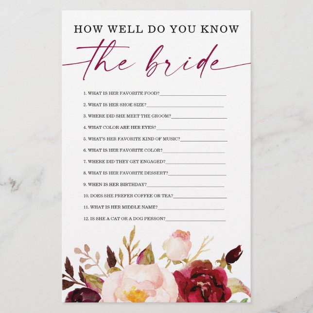 Boho Burgundy Double Sided Bridal Shower Games (Front)