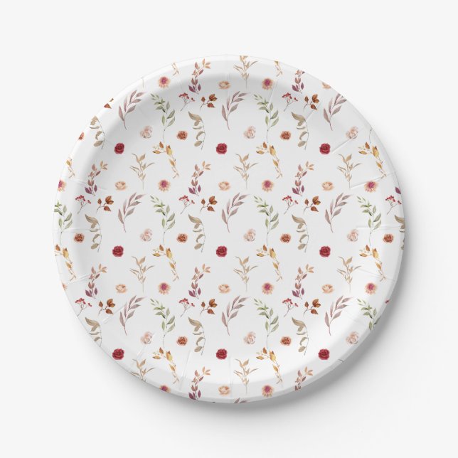 Boho Burgundy Dried Flower Fall Wedding in Bloom Paper Plates (Front)