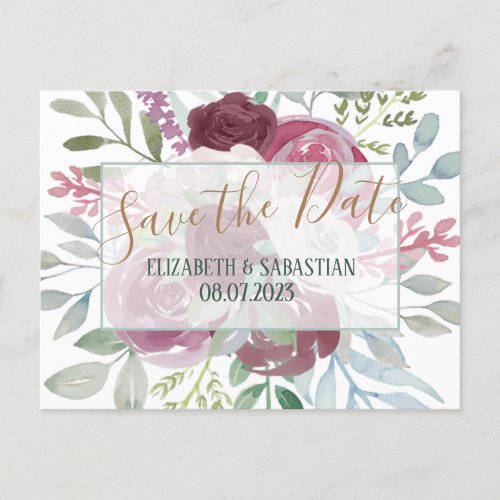 Boho Burgundy  Dusty Blue Floral Save The Date Announcement Postcard