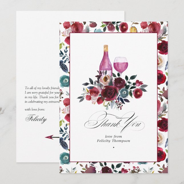 Boho Burgundy & Dusty Blue Wine theme Bachelorette Thank You Card (Front/Back)