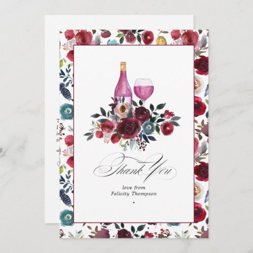 Boho Burgundy  Dusty Blue Wine theme Bachelorette Thank You Card