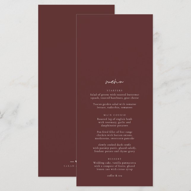 Boho Burgundy Elegant Minimalist Wedding Menu (Front/Back)