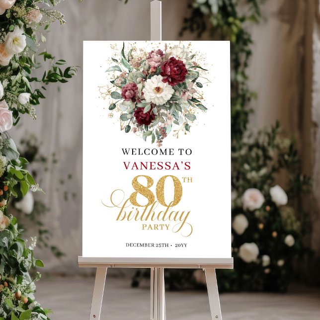 Boho Burgundy Eucalyptus 80 Birthday Welcome Sign (Boho Burgundy Eucalyptus 80th Birthday Welcome Sign)