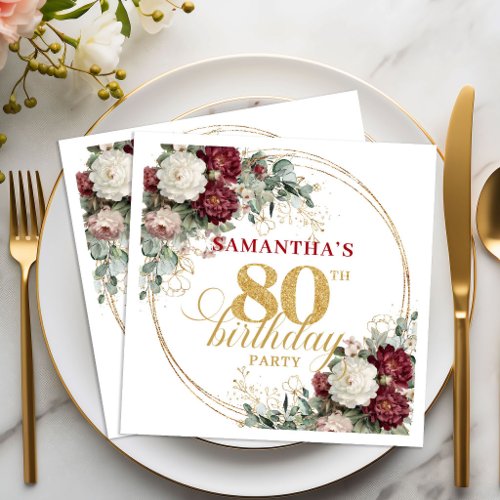 Boho Burgundy Eucalyptus 80th Birthday Napkins