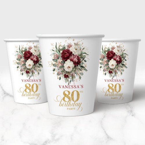 Boho Burgundy Eucalyptus 80th Birthday Paper Cups