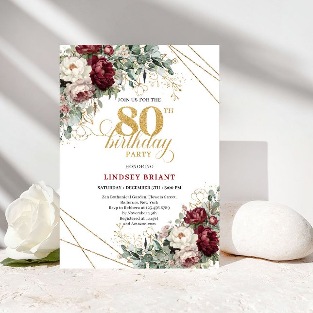 Boho Burgundy Eucalyptus Floral 80th Birthday Invitation (Boho Burgundy Eucalyptus Floral 80th Birthday)