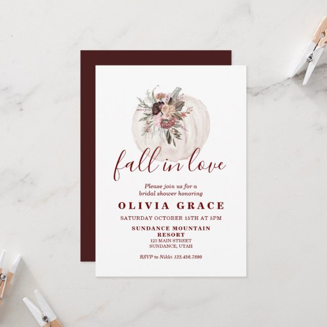 Boho Burgundy fall floral Pumpkin Bridal Shower Invitation (Front/Back In Situ)
