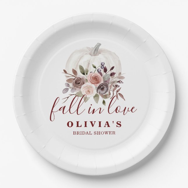 Boho Burgundy fall floral Pumpkin Bridal Shower Pa Paper Plates (Front)