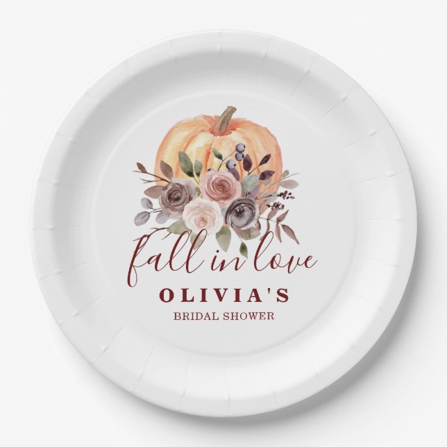 Boho Burgundy fall floral Pumpkin Bridal Shower Pa Paper Plates (Front)
