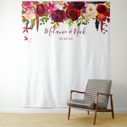 Boho Burgundy feathers Floral photo backdrop