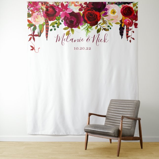 Boho Burgundy feathers Floral photo backdrop (In Situ)