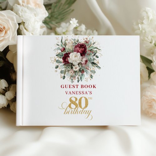 Boho Burgundy Floral 80th Birthday Guest Book