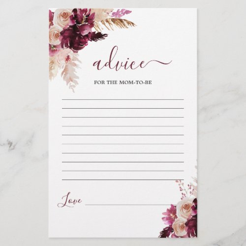 Boho Burgundy floral Advice for Mom To Be card