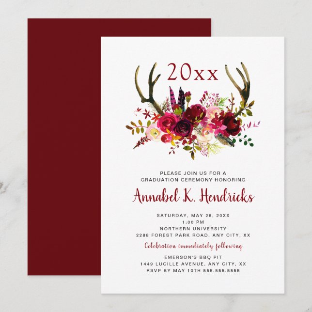 Boho Burgundy Floral Antlers graduation invitation (Front/Back)